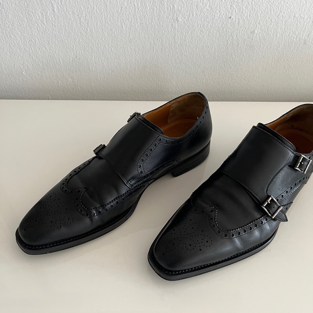 Magnanni Black Leather Double Monk Brogue Oxfords